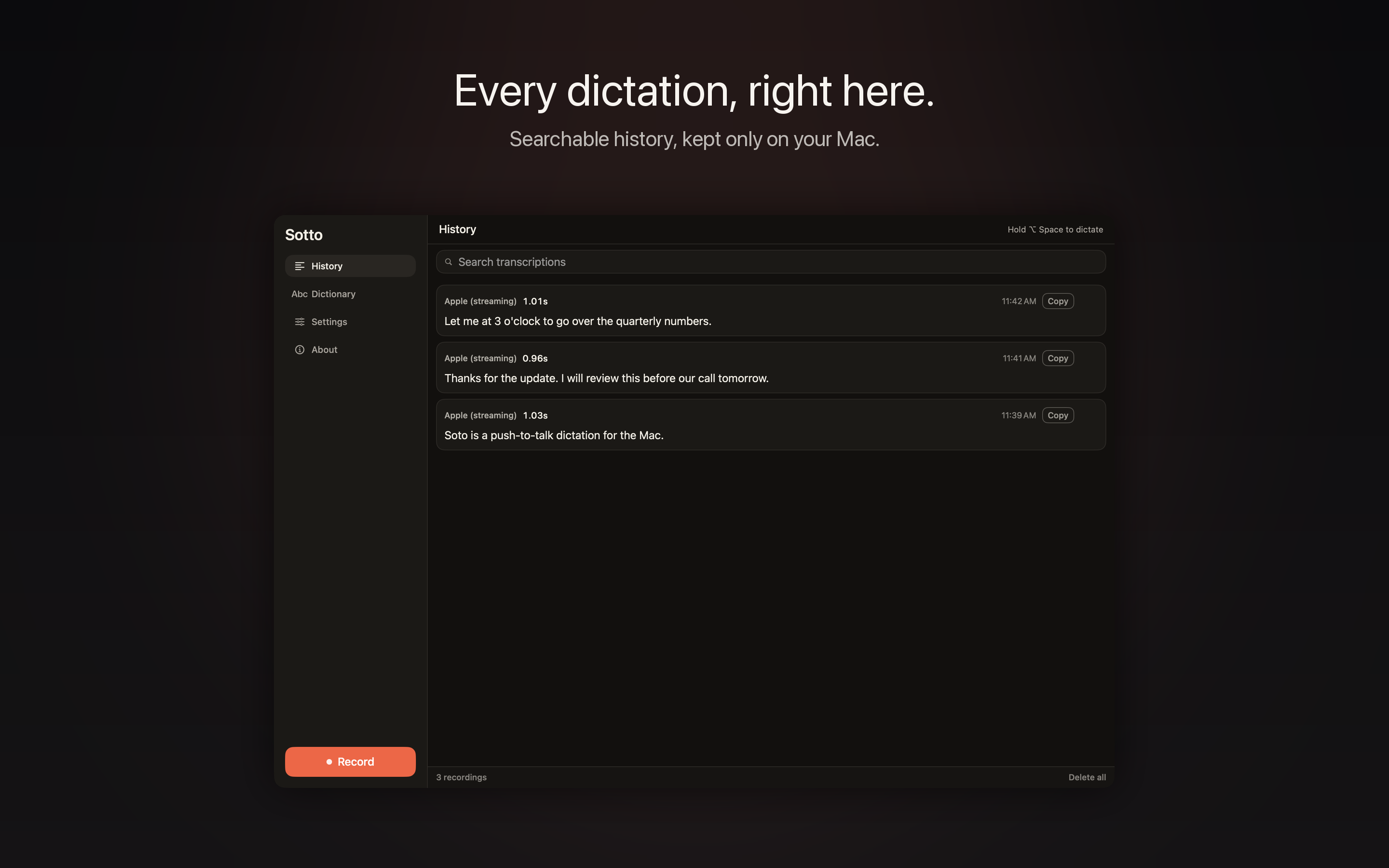 Sotto's History panel showing a searchable list of past dictations