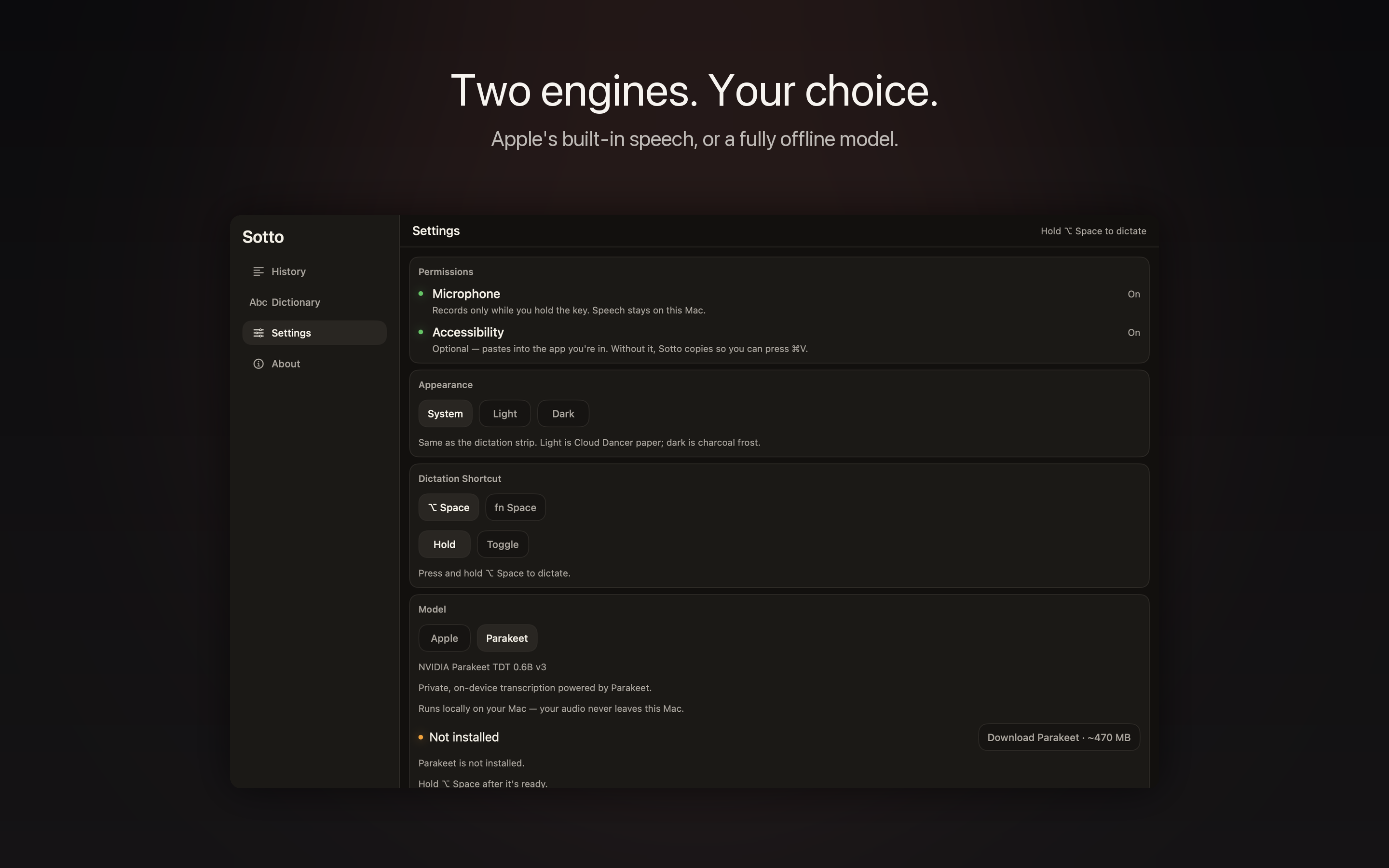 Sotto's Settings panel with the Apple Speech and Parakeet engine picker