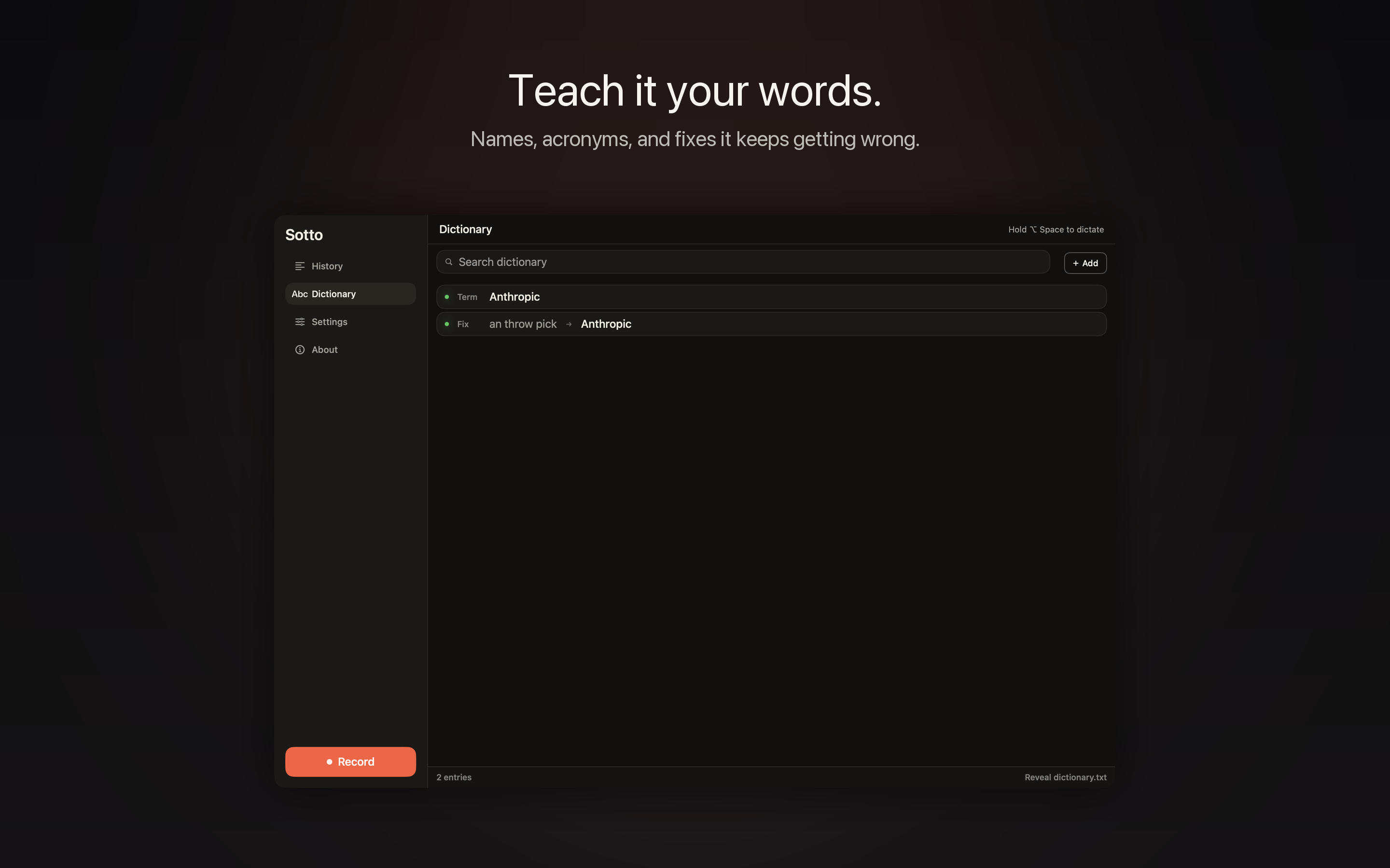 Sotto's Dictionary panel with custom word corrections